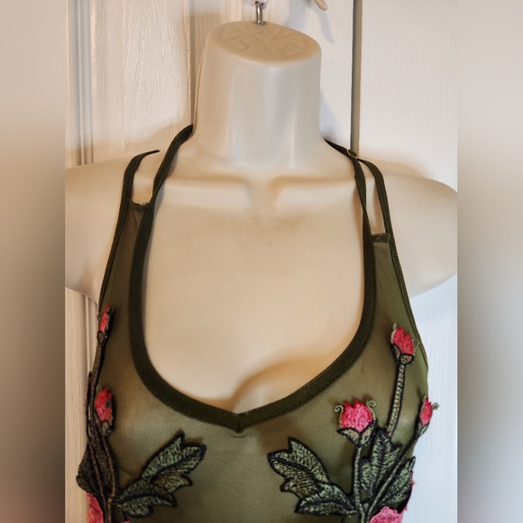 Top Chic Olive Green Sheer Mesh Floral Embroidered Bodysuit - One Size (M/L) - Picture 4 of 9